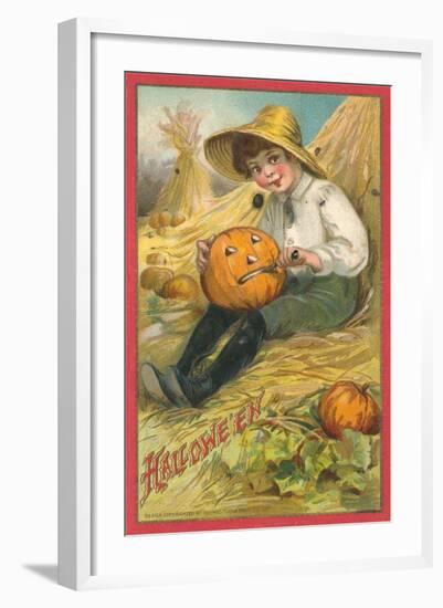 Boy Carving Jack O'Lantern-null-Framed Art Print