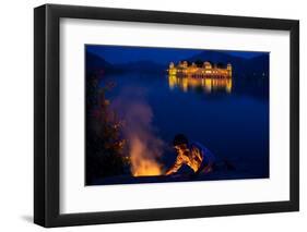 Boy Cooking at Twilight by the Jal Mahal Floating Lake Palace, Jaipur, Rajasthan, India, Asia-Laura Grier-Framed Photographic Print