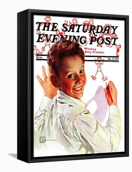"Boy Drawing Stick Figures," Saturday Evening Post Cover, December 11, 1937-Douglas Crockwell-Framed Stretched Canvas