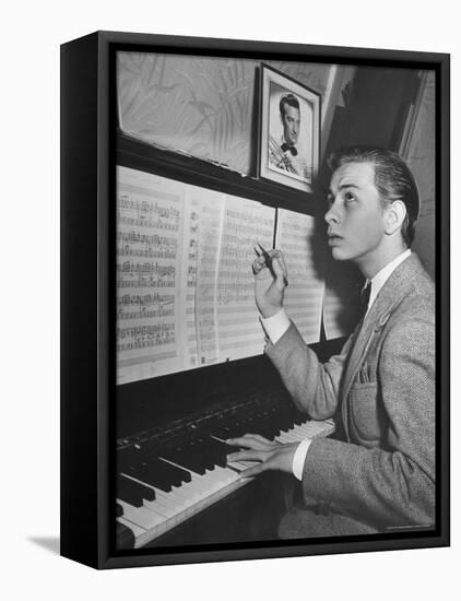 Boy Drummer and Composer Mel Torme, Playing the Piano-William C^ Shrout-Framed Stretched Canvas