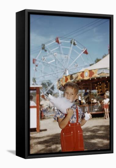 Boy Eating Cotton Candy at Fair-William P. Gottlieb-Framed Stretched Canvas