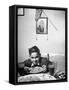 Boy Eating Spaghetti under Picture of His Brother Who Died During Invasion of Sicily-null-Framed Stretched Canvas