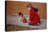 Boy Feeding Dog on Sidewalk-William P. Gottlieb-Stretched Canvas