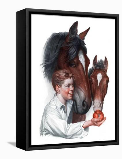 "Boy Feedy Apple to Horses,"July 14, 1923-Leslie Thrasher-Framed Stretched Canvas