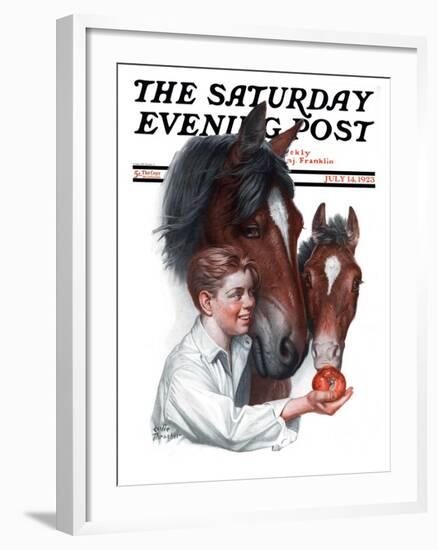 "Boy Feedy Apple to Horses," Saturday Evening Post Cover, July 14, 1923-Leslie Thrasher-Framed Giclee Print