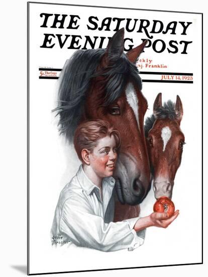 "Boy Feedy Apple to Horses," Saturday Evening Post Cover, July 14, 1923-Leslie Thrasher-Mounted Giclee Print