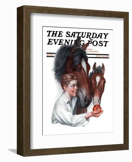 "Boy Feedy Apple to Horses," Saturday Evening Post Cover, July 14, 1923-Leslie Thrasher-Framed Giclee Print