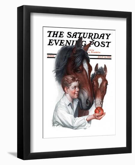 "Boy Feedy Apple to Horses," Saturday Evening Post Cover, July 14, 1923-Leslie Thrasher-Framed Giclee Print