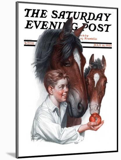 "Boy Feedy Apple to Horses," Saturday Evening Post Cover, July 14, 1923-Leslie Thrasher-Mounted Giclee Print