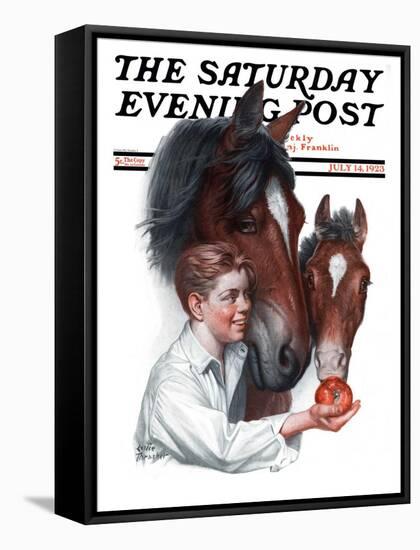 "Boy Feedy Apple to Horses," Saturday Evening Post Cover, July 14, 1923-Leslie Thrasher-Framed Stretched Canvas