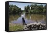 Boy Fishing with Stick and Can of Worms-William P. Gottlieb-Framed Stretched Canvas