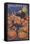 Boy Fleeing Witch and Leering Pumpkins-null-Framed Stretched Canvas