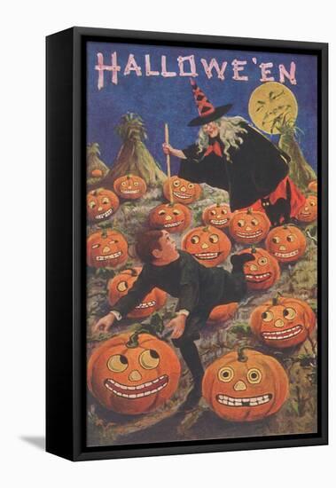 Boy Fleeing Witch and Leering Pumpkins-null-Framed Stretched Canvas