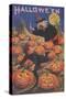 Boy Fleeing Witch and Leering Pumpkins-null-Stretched Canvas