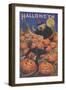 Boy Fleeing Witch and Leering Pumpkins-null-Framed Art Print