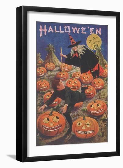 Boy Fleeing Witch and Leering Pumpkins-null-Framed Art Print