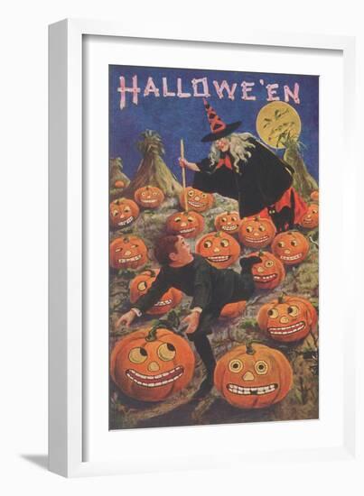 Boy Fleeing Witch and Leering Pumpkins-null-Framed Art Print