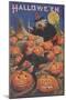 Boy Fleeing Witch and Leering Pumpkins-null-Mounted Art Print