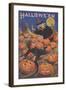 Boy Fleeing Witch and Leering Pumpkins-null-Framed Art Print