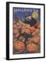 Boy Fleeing Witch and Leering Pumpkins-null-Framed Art Print