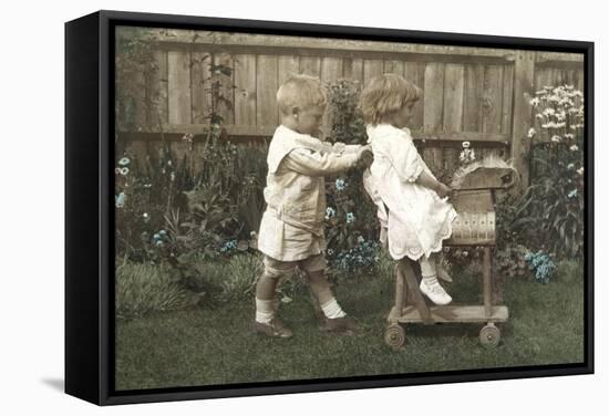 Boy, Girl on Wood Horse-null-Framed Stretched Canvas