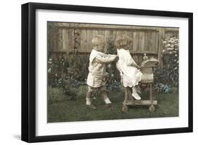 Boy, Girl on Wood Horse-null-Framed Photographic Print