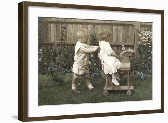 Boy, Girl on Wood Horse-null-Framed Photographic Print