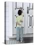 Boy Holding a Bouquet of Flowers Behind His Back While Knocking on the Door-Nora Hernandez-Stretched Canvas