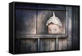 Boy in a Tin Foil Hat Peeking Out of a Window-soupstock-Framed Stretched Canvas