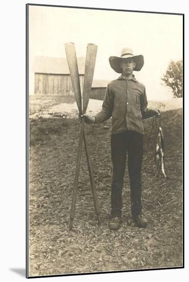 Boy in Hat with Fish and Oars-null-Mounted Art Print