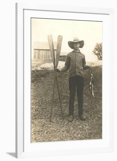 Boy in Hat with Fish and Oars-null-Framed Art Print