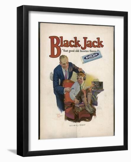 Boy is Torn Between His Addiction to His Radio Set and the Bar of Black Jack Liquorice-Leslie Thrasher-Framed Photographic Print