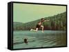 Boy Jumping in Lake at Summer Vacations - Vintage Retro Style-Kokhanchikov-Framed Stretched Canvas