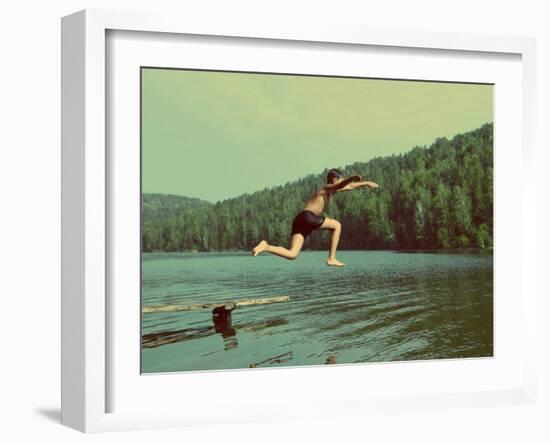 Boy Jumping in Lake at Summer Vacations - Vintage Retro Style-Kokhanchikov-Framed Photographic Print