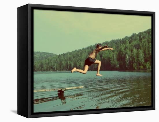 Boy Jumping in Lake at Summer Vacations - Vintage Retro Style-Kokhanchikov-Framed Stretched Canvas