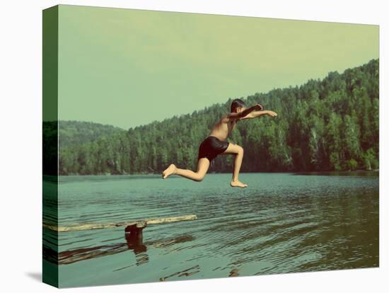 Boy Jumping in Lake at Summer Vacations - Vintage Retro Style-Kokhanchikov-Stretched Canvas