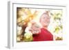 Boy Laughing and Holding a Stone with the Word Laugh. Instagram Effect-soupstock-Framed Photographic Print