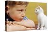 Boy Looking at White Kitten-William P. Gottlieb-Stretched Canvas