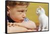 Boy Looking at White Kitten-William P. Gottlieb-Framed Stretched Canvas