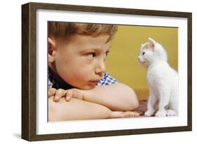 Boy Looking at White Kitten-William P. Gottlieb-Framed Photographic Print