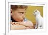 Boy Looking at White Kitten-William P. Gottlieb-Framed Photographic Print