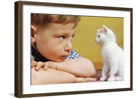 Boy Looking at White Kitten-William P. Gottlieb-Framed Photographic Print