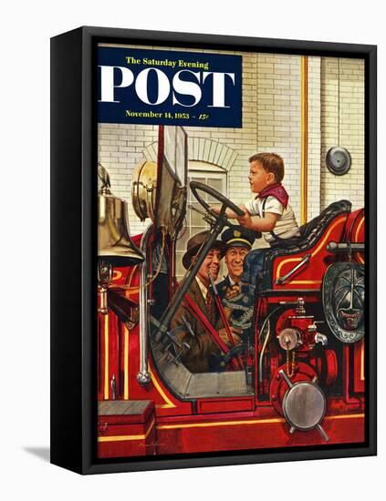 "Boy on Fire Truck" Saturday Evening Post Cover, November 14, 1953-Stevan Dohanos-Framed Stretched Canvas