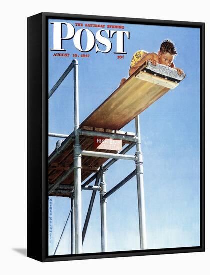 "Boy on High Dive" Saturday Evening Post Cover, August 16,1947-Norman Rockwell-Framed Stretched Canvas