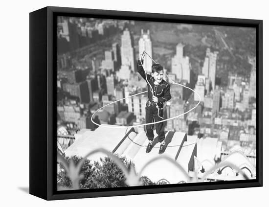 Boy on Ledge Twirling a Lasso-null-Framed Stretched Canvas