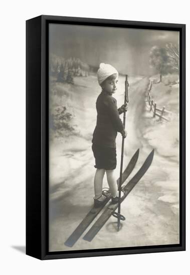 Boy on Skis on Country Road-null-Framed Stretched Canvas