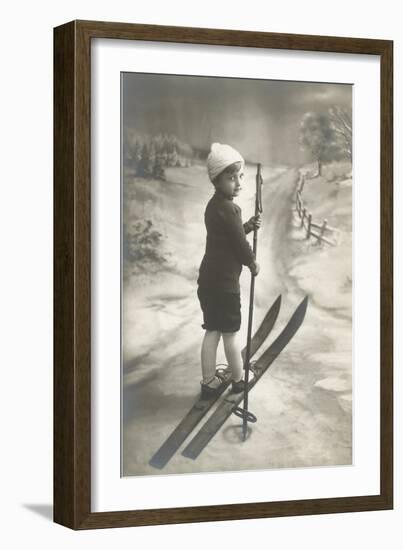 Boy on Skis on Country Road-null-Framed Art Print