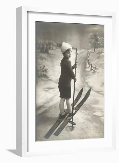 Boy on Skis on Country Road-null-Framed Art Print