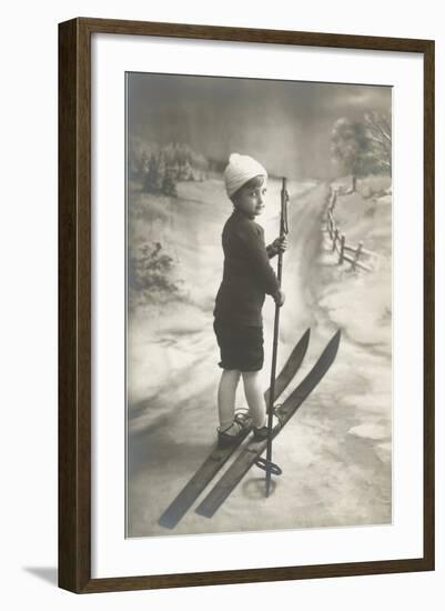 Boy on Skis on Country Road-null-Framed Art Print