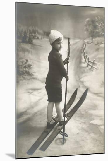 Boy on Skis on Country Road-null-Mounted Art Print